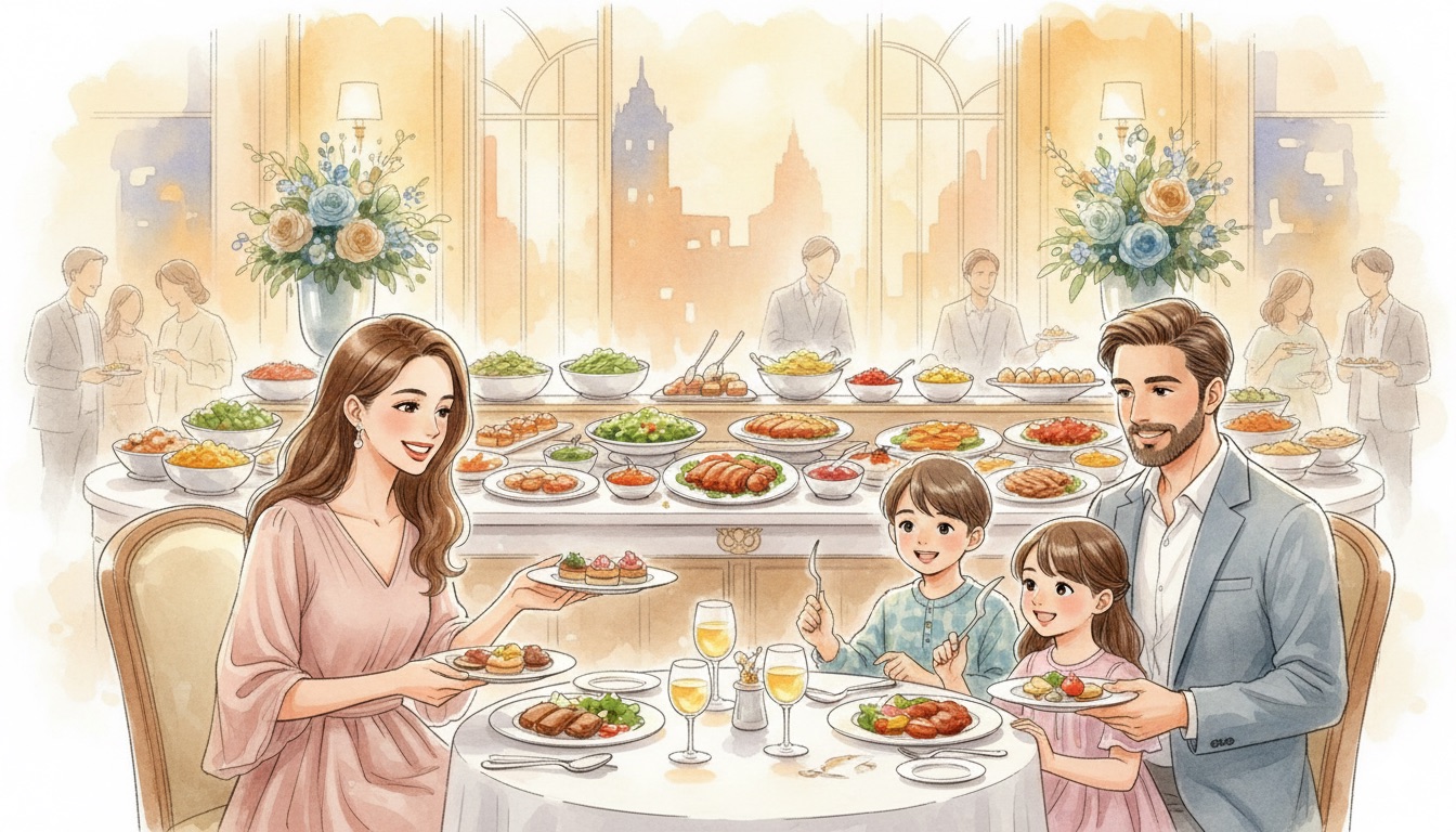 ホテルレストランで家族がディナーブッフェを楽しんでいる水彩風イラスト