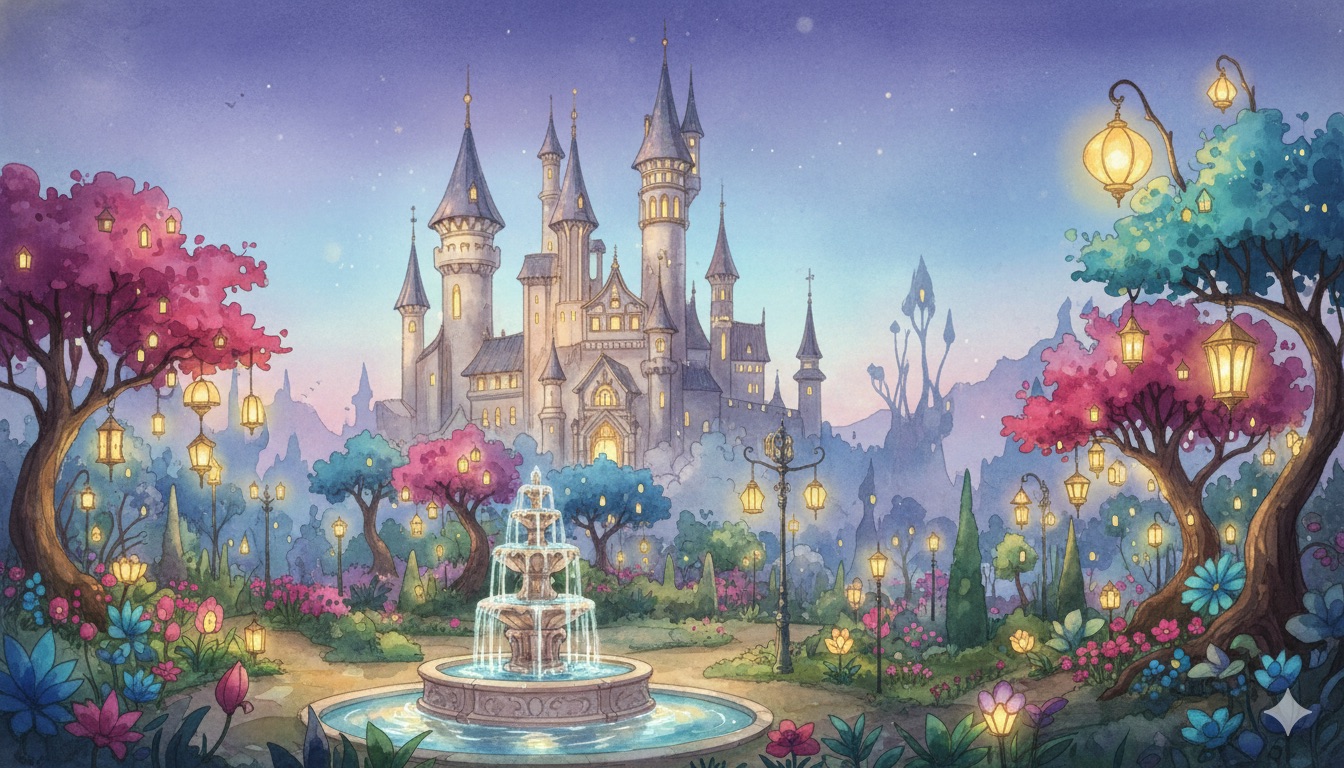 夕暮れのファンタジーな城ホテルと庭園の水彩風イラスト