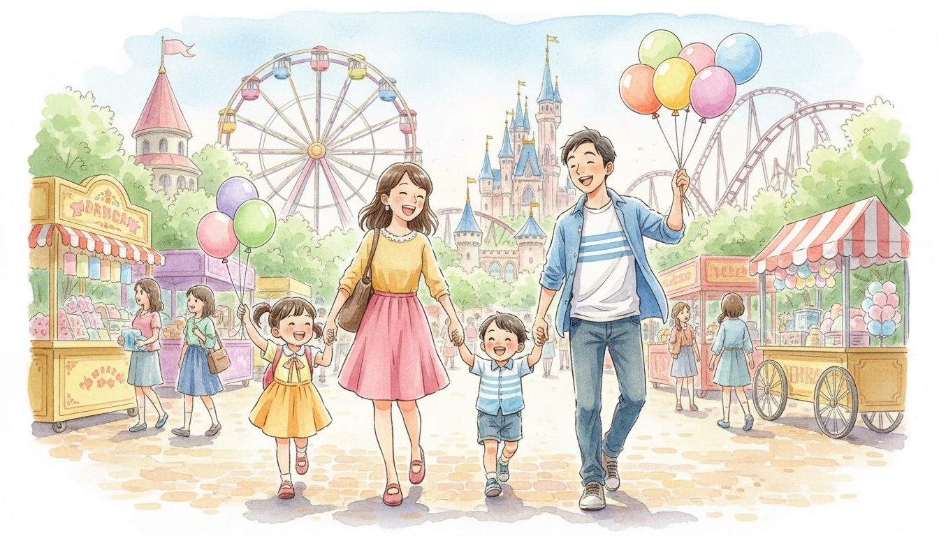 家族がテーマパークで楽しんでいる水彩風イラスト