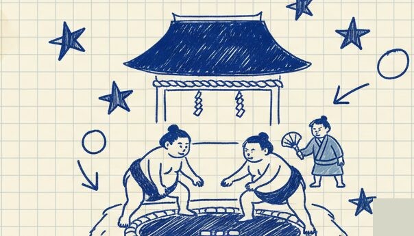 両国国技館で行われる大相撲五月場所・土俵で対戦する力士のイラスト