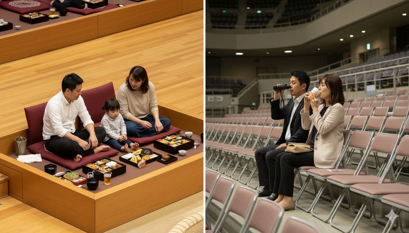 マス席（座布団で家族観戦）とイス席（椅子で観戦）の比較