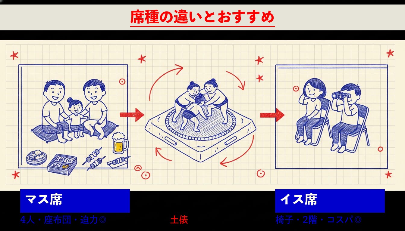 マス席（4人・座布団・迫力）とイス席（椅子・2階・コスパ）の比較イラスト