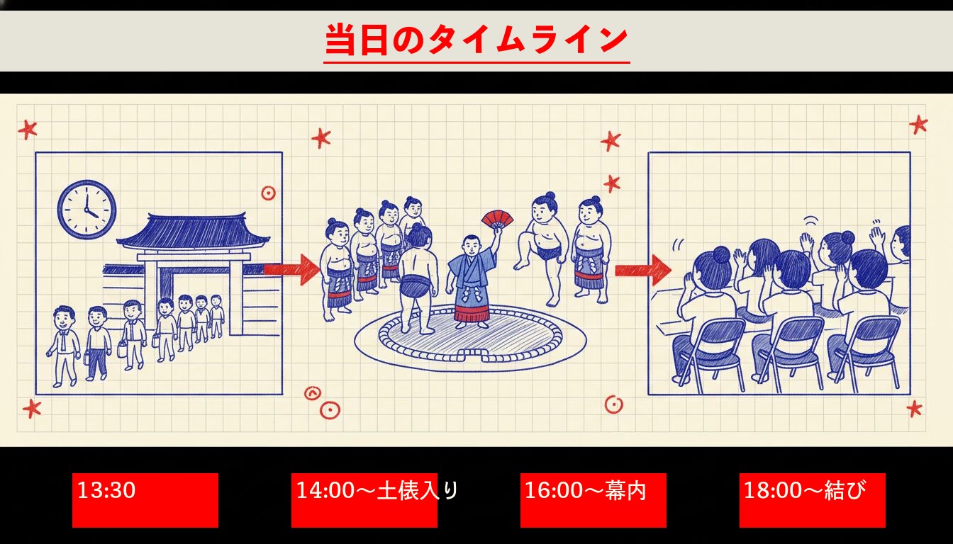 大相撲当日のタイムライン：13:30入場→14:00土俵入り→16:00幕内→18:00結び