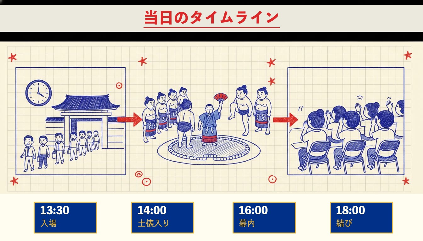 大相撲当日のタイムライン：13:30入場→14:00土俵入り→16:00幕内→18:00結び