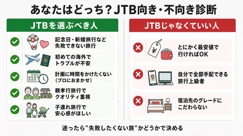 JTBを選ぶべき人と選ばなくていい人を比較した図解（JTB向き・不向き診断）