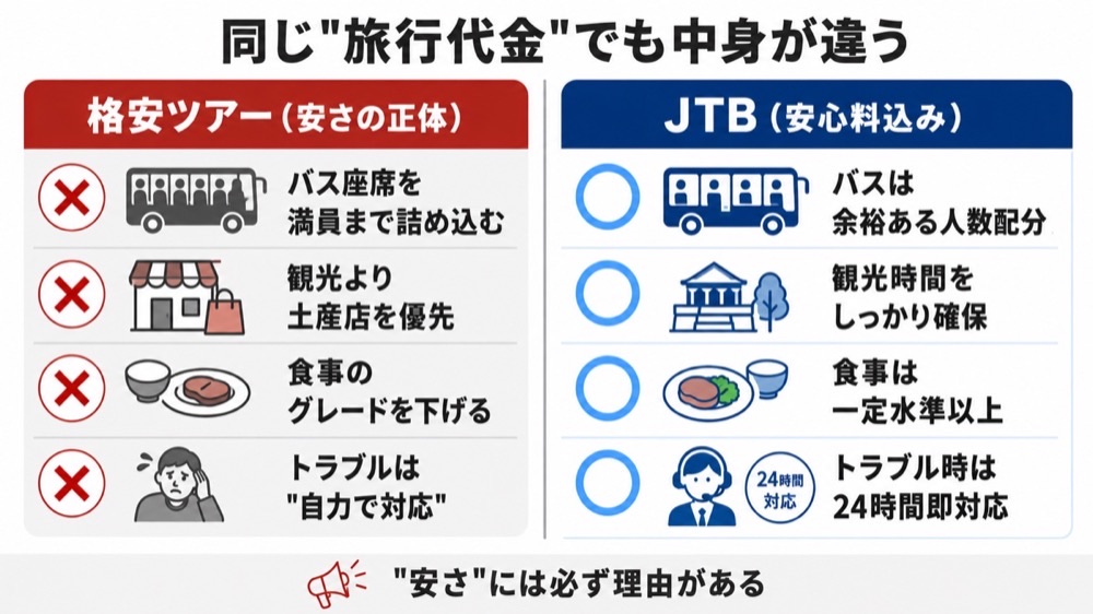 格安ツアーとJTBの違いを比較した図解｜同じ旅行代金でも中身が違う