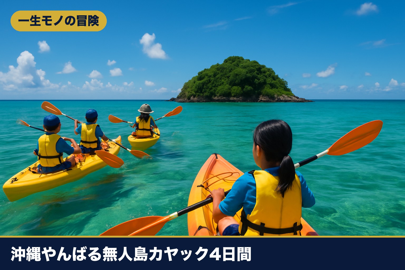 沖縄の海で無人島へカヤックを漕ぐ小学生のイメージ