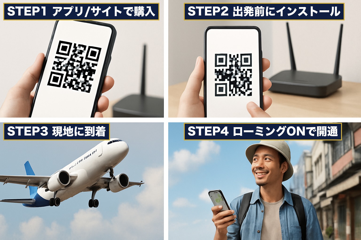 Klook eSIMの使い方4ステップ図解（購入→出発前インストール→現地到着→ローミングONで開通）