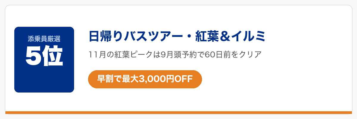 HISクーポンで今一番お得なツアー5位：日帰りバスツアー・紅葉＆イルミネーション（早割最大3,000円OFF）