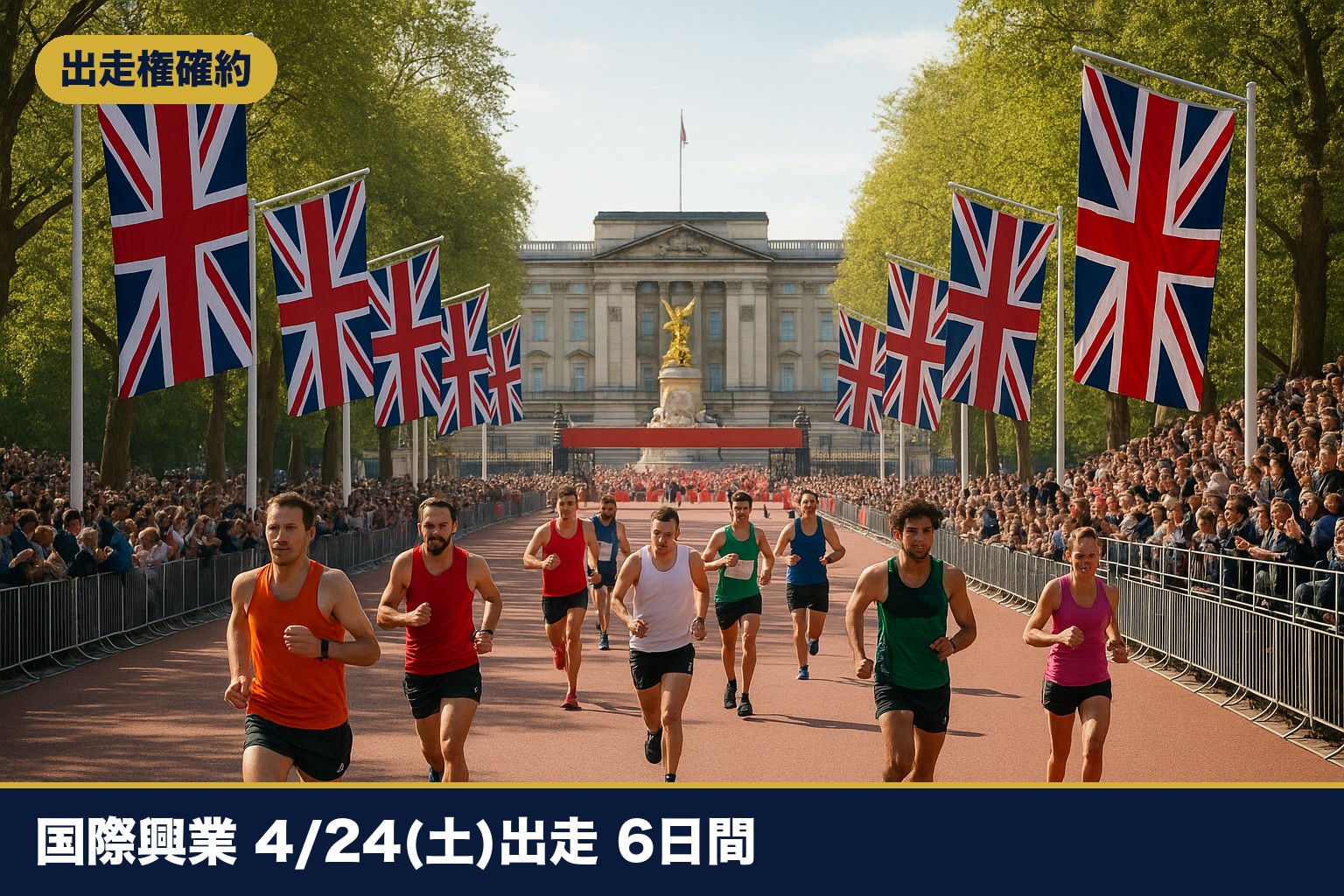 国際興業トラベルのロンドンマラソン2027ツアーのイメージ（バッキンガム宮殿前のフィニッシュ）